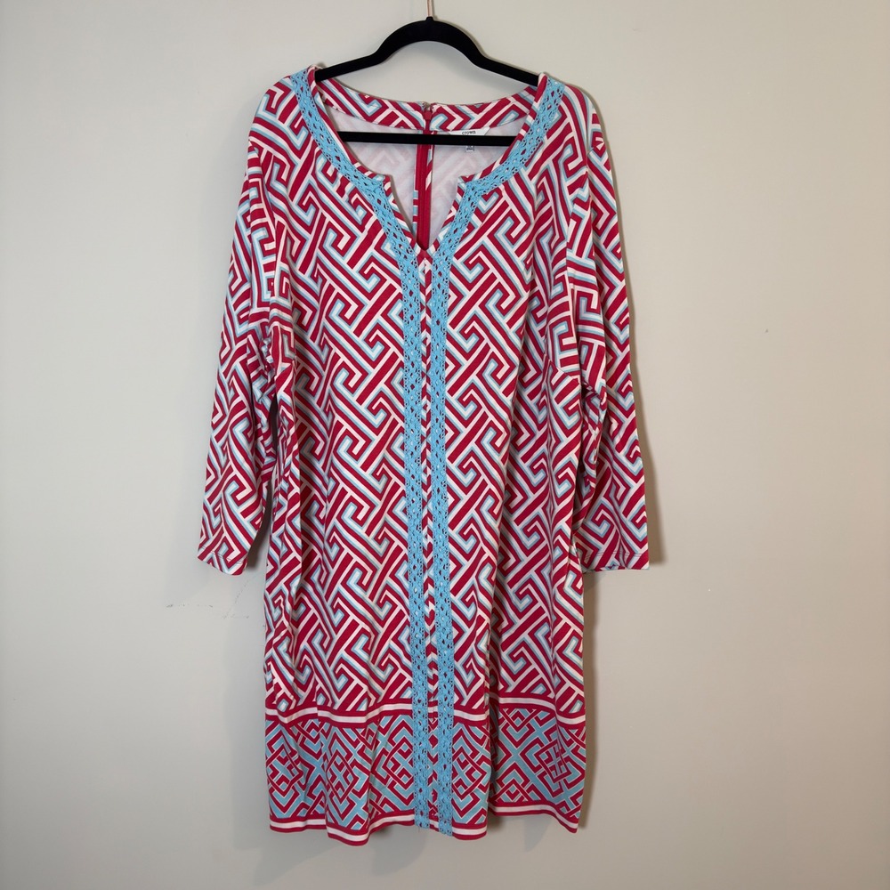 Crown & Ivy Curvy Red Greek Key Geometric Shift Dress Blue Crochet Trim 3X